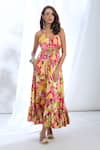 Buy_Gopi Vaid_Pink Satin Printed Floral Halter Neck Dress _at_Aza_Fashions