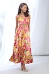 Gopi Vaid_Pink Satin Printed Floral Halter Neck Dress _Online_at_Aza_Fashions