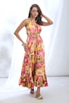 Buy_Gopi Vaid_Pink Satin Printed Floral Halter Neck Dress _Online_at_Aza_Fashions