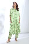 Buy_Gopi Vaid_Green Satin Printed Ikat Band Collar Kaftan Tunic And Pant Set _at_Aza_Fashions