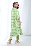 Shop_Gopi Vaid_Green Satin Printed Ikat Band Collar Kaftan Tunic And Pant Set _at_Aza_Fashions