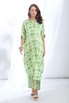 Gopi Vaid_Green Satin Printed Ikat Band Collar Kaftan Tunic And Pant Set _Online_at_Aza_Fashions