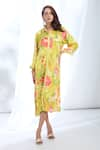 Buy_Gopi Vaid_Yellow Satin Printed Botanical Collar Shirt Dress _at_Aza_Fashions