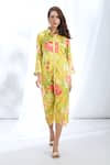 Gopi Vaid_Yellow Satin Printed Botanical Collar Shirt Dress _Online_at_Aza_Fashions