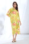 Gopi Vaid_Yellow Satin Printed Botanical Collar Shirt Dress _at_Aza_Fashions