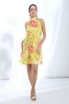 Buy_Gopi Vaid_Yellow Satin Printed Floral Round High Neck Flower Dress _at_Aza_Fashions