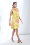 Gopi Vaid_Yellow Satin Printed Floral Round High Neck Flower Dress _Online_at_Aza_Fashions