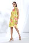 Buy_Gopi Vaid_Yellow Satin Printed Floral Round High Neck Flower Dress _Online_at_Aza_Fashions