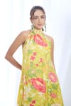 Shop_Gopi Vaid_Yellow Satin Printed Floral Round High Neck Flower Dress _Online_at_Aza_Fashions