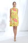 Gopi Vaid_Yellow Satin Printed Floral Round High Neck Flower Dress _at_Aza_Fashions