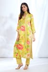 Buy_Gopi Vaid_Yellow Satin Printed Floral Collar Kurta And Pant Set _Online_at_Aza_Fashions