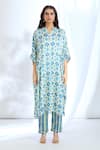 Gopi Vaid_Blue Satin Printed Ikat Collar Kaftan With Pant _at_Aza_Fashions