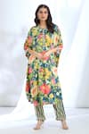 Buy_Gopi Vaid_Blue Satin Floral Round Pattern Kaftan With Pant _at_Aza_Fashions