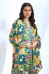 Gopi Vaid_Blue Satin Printed Stripe Collar Floral Asymmetric Tunic And Pant Set _at_Aza_Fashions