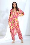 Buy_Gopi Vaid_Pink Satin Printed Stripe Collar Floral Tunic And Pant Set _at_Aza_Fashions