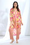 Gopi Vaid_Pink Satin Printed Stripe Collar Floral Tunic And Pant Set _Online_at_Aza_Fashions