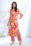 Buy_Gopi Vaid_Pink Satin Printed Stripe Collar Floral Pattern Kurta Pant Set _Online_at_Aza_Fashions