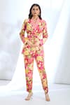 Buy_Gopi Vaid_Pink Satin Printed Floral Collar Overlapping Blazer With Pant _at_Aza_Fashions