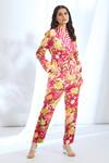 Gopi Vaid_Pink Satin Printed Floral Collar Overlapping Blazer With Pant _Online_at_Aza_Fashions