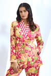 Buy_Gopi Vaid_Pink Satin Printed Floral Collar Overlapping Blazer With Pant _Online_at_Aza_Fashions