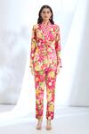 Gopi Vaid_Pink Satin Printed Floral Collar Overlapping Blazer With Pant _at_Aza_Fashions