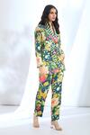 Gopi Vaid_Blue Satin Printed Floral Collar Overlapping Blazer And Pant Set _Online_at_Aza_Fashions