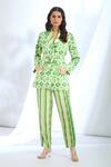 Buy_Gopi Vaid_Green Satin Printed Ikat Collar Overlapping Blazer And Pant Set _at_Aza_Fashions