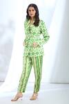 Gopi Vaid_Green Satin Printed Ikat Collar Overlapping Blazer And Pant Set _Online_at_Aza_Fashions