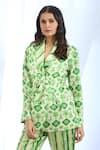 Buy_Gopi Vaid_Green Satin Printed Ikat Collar Overlapping Blazer And Pant Set _Online_at_Aza_Fashions