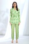 Gopi Vaid_Green Satin Printed Ikat Collar Overlapping Blazer And Pant Set _at_Aza_Fashions