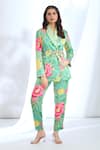 Buy_Gopi Vaid_Green Satin Printed Floral Collar Blazer And Pant Set _at_Aza_Fashions