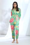 Buy_Gopi Vaid_Green Satin Printed Floral Collar Blazer And Pant Set _Online_at_Aza_Fashions