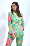 Shop_Gopi Vaid_Green Satin Printed Floral Collar Blazer And Pant Set _Online_at_Aza_Fashions