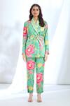 Buy_Gopi Vaid_Green Satin Printed Floral Collar Blazer And Pant Set 