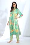 Gopi Vaid_Green Satin Printed Stripe Collar Floral Kurta And Pant Set _Online_at_Aza_Fashions