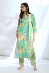 Buy_Gopi Vaid_Green Satin Printed Stripe Collar Floral Kurta And Pant Set _Online_at_Aza_Fashions