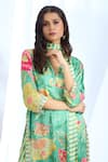 Shop_Gopi Vaid_Green Satin Printed Stripe Collar Floral Kurta And Pant Set _Online_at_Aza_Fashions