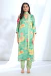 Buy_Gopi Vaid_Green Satin Printed Stripe Collar Floral Kurta And Pant Set 