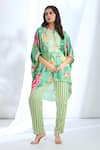 Gopi Vaid_Green Kaftan Satin Printed Floral Collar Tassel Detailed Front With Pant _Online_at_Aza_Fashions