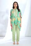 Shop_Gopi Vaid_Green Kaftan Satin Printed Floral Collar Tassel Detailed Front With Pant _Online_at_Aza_Fashions