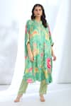 Buy_Gopi Vaid_Green Satin Floral Round Gota Detailed Sleeve Hem Kaftan With Pant _at_Aza_Fashions