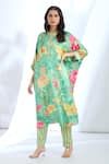 Shop_Gopi Vaid_Green Satin Floral Round Gota Detailed Sleeve Hem Kaftan With Pant _Online_at_Aza_Fashions