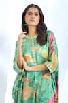 Gopi Vaid_Green Satin Floral Round Gota Detailed Sleeve Hem Kaftan With Pant _at_Aza_Fashions