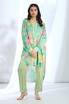 Buy_Gopi Vaid_Green Satin Printed Stripe Collar Floral Asymmetric Tunic And Pant Set _at_Aza_Fashions