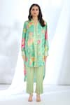 Gopi Vaid_Green Satin Printed Stripe Collar Floral Asymmetric Tunic And Pant Set _Online_at_Aza_Fashions