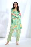 Buy_Gopi Vaid_Green Satin Printed Stripe Collar Floral Asymmetric Tunic And Pant Set _Online_at_Aza_Fashions