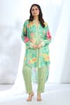 Shop_Gopi Vaid_Green Satin Printed Stripe Collar Floral Asymmetric Tunic And Pant Set _Online_at_Aza_Fashions