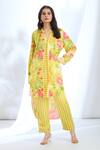 Buy_Gopi Vaid_Yellow Satin Printed Stripe Collar Floral Asymmetric Tunic With Pant _at_Aza_Fashions