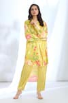 Gopi Vaid_Yellow Satin Printed Stripe Collar Floral Asymmetric Tunic With Pant _Online_at_Aza_Fashions