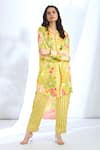 Buy_Gopi Vaid_Yellow Satin Printed Stripe Collar Floral Asymmetric Tunic With Pant _Online_at_Aza_Fashions